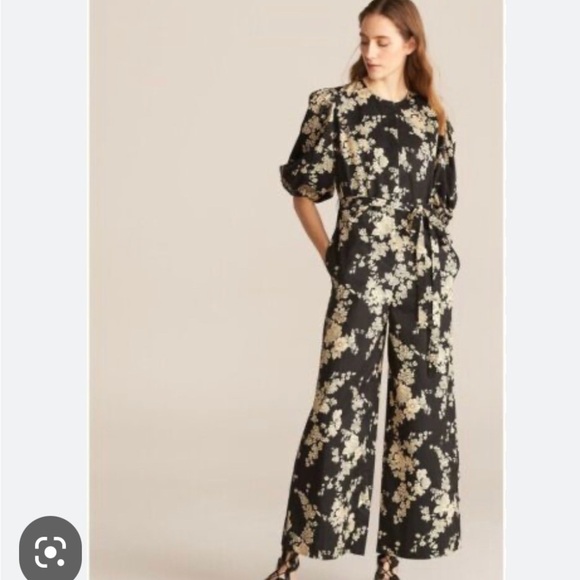 NEW Rebecca Taylor Gabrielle Floral Puff-Sleeve Jumpsuit Navy & Beige Sz 2 - Picture 3 of 15